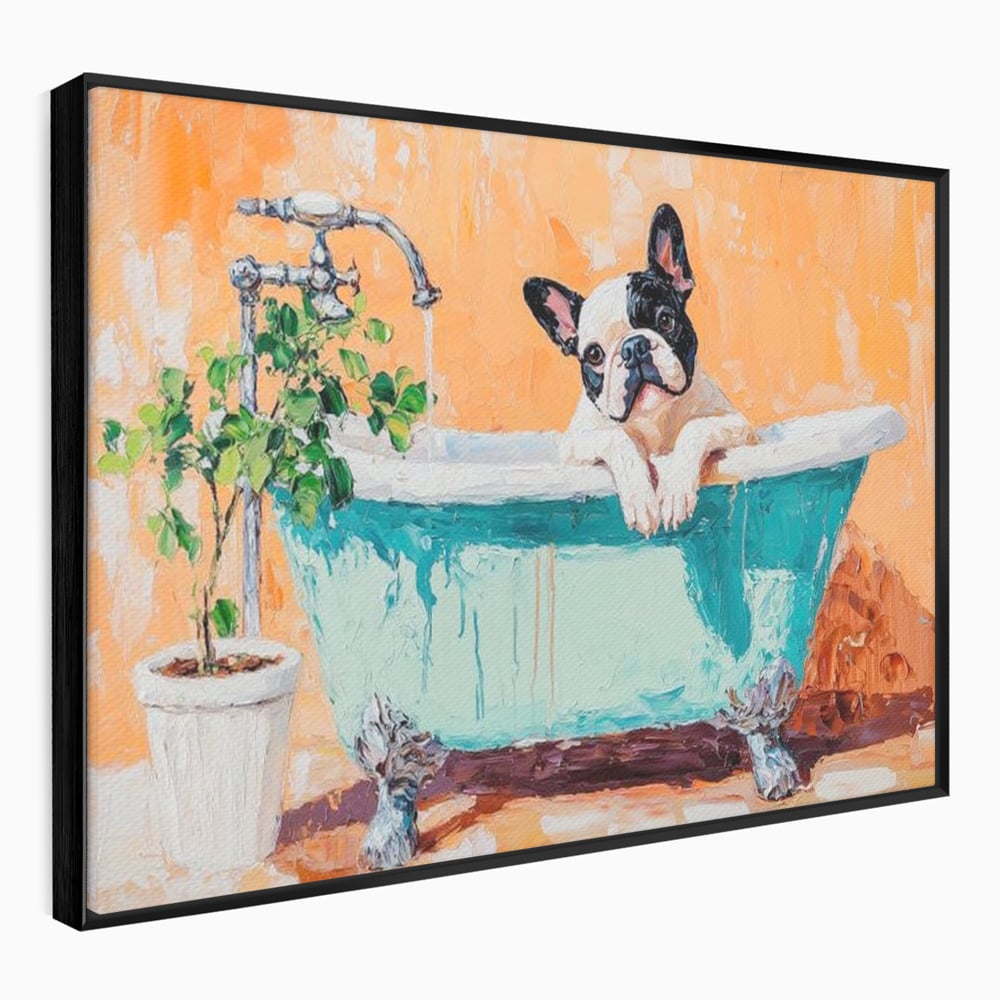 Tablou canvas cu tablou canvas cu bulldog in cada, in rama de aluminiu negru